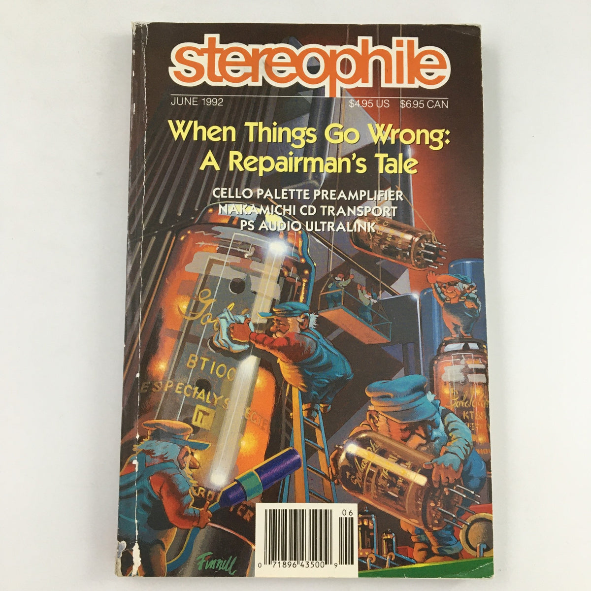 Stereophile Magazine from June 1992 featuring the Cello Palette Preamplifier on the cover. The illustration depicts repairmen working on audio equipment, capturing the essence of audiophile culture during the 1990s. This vintage magazine is a collectible for audio enthusiasts and offers insights into high-fidelity music systems.
