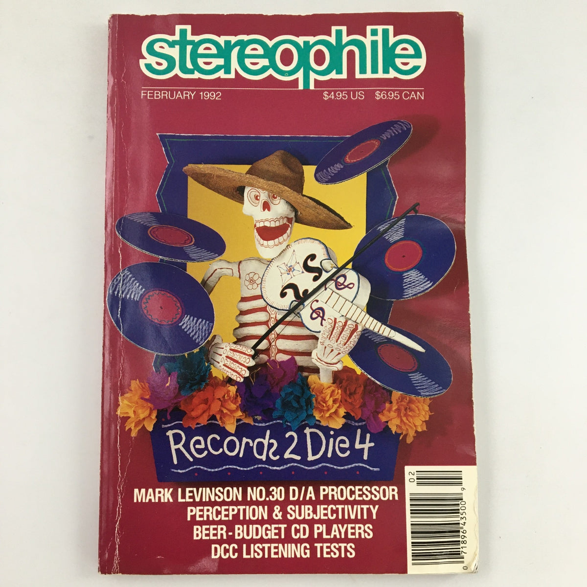Stereophile Magazine February 1992 cover featuring a colorful graphic design with a skeleton holding records, promoting articles on Mark Levinson No. 30 D/A Processor, sound perception, beer, and budget CD players.