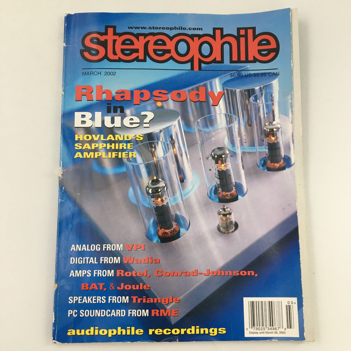Cover of Stereophile Magazine March 2002 featuring a spotlight on Hovland's Sapphire Amplifier, with a vibrant display of tubes and text highlighting audio components from Rotel, Conrad-Johnson, and more.