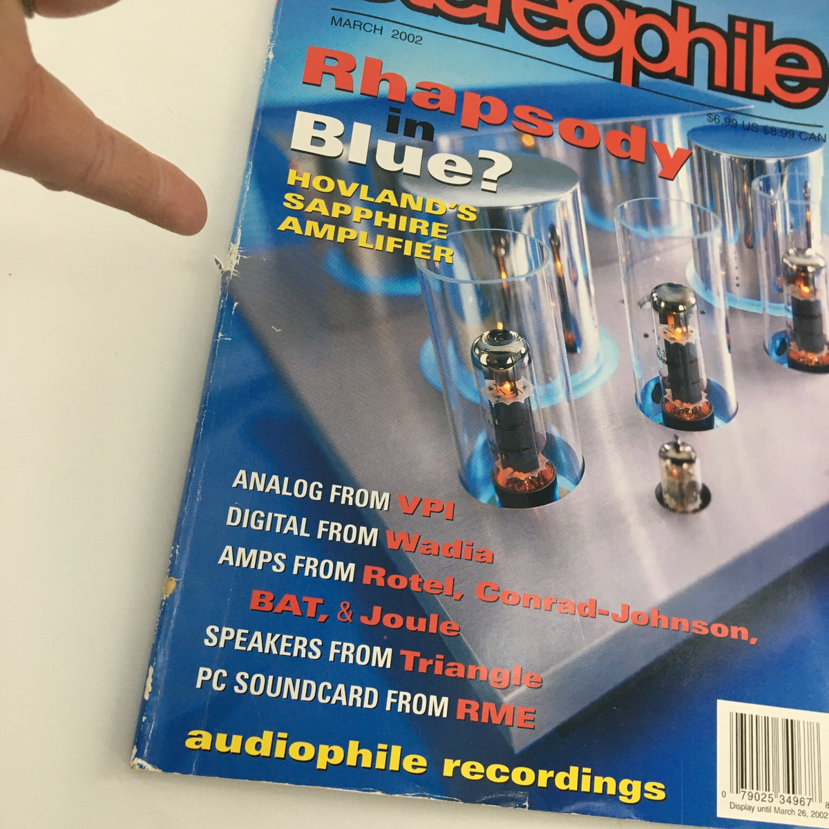 Close-up view of the Stereophile Magazine March 2002 cover, focusing on Hovland's Sapphire Amplifier and other featured audio gear, ideal for audio enthusiasts.