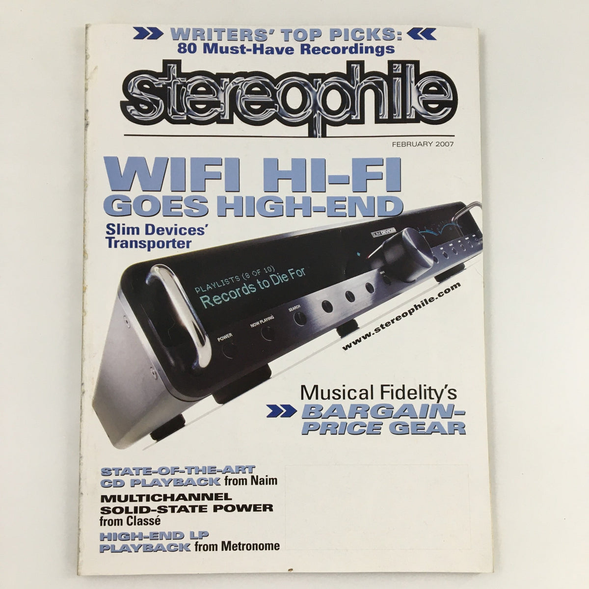 Cover of Stereophile Magazine February 2007 featuring the title 'Stereophile Magazine February 2007 Classe Multichannel Solid-S Power'. The magazine includes highlights on WiFi Hi-Fi, Naim CD playback, and high-end audio equipment.