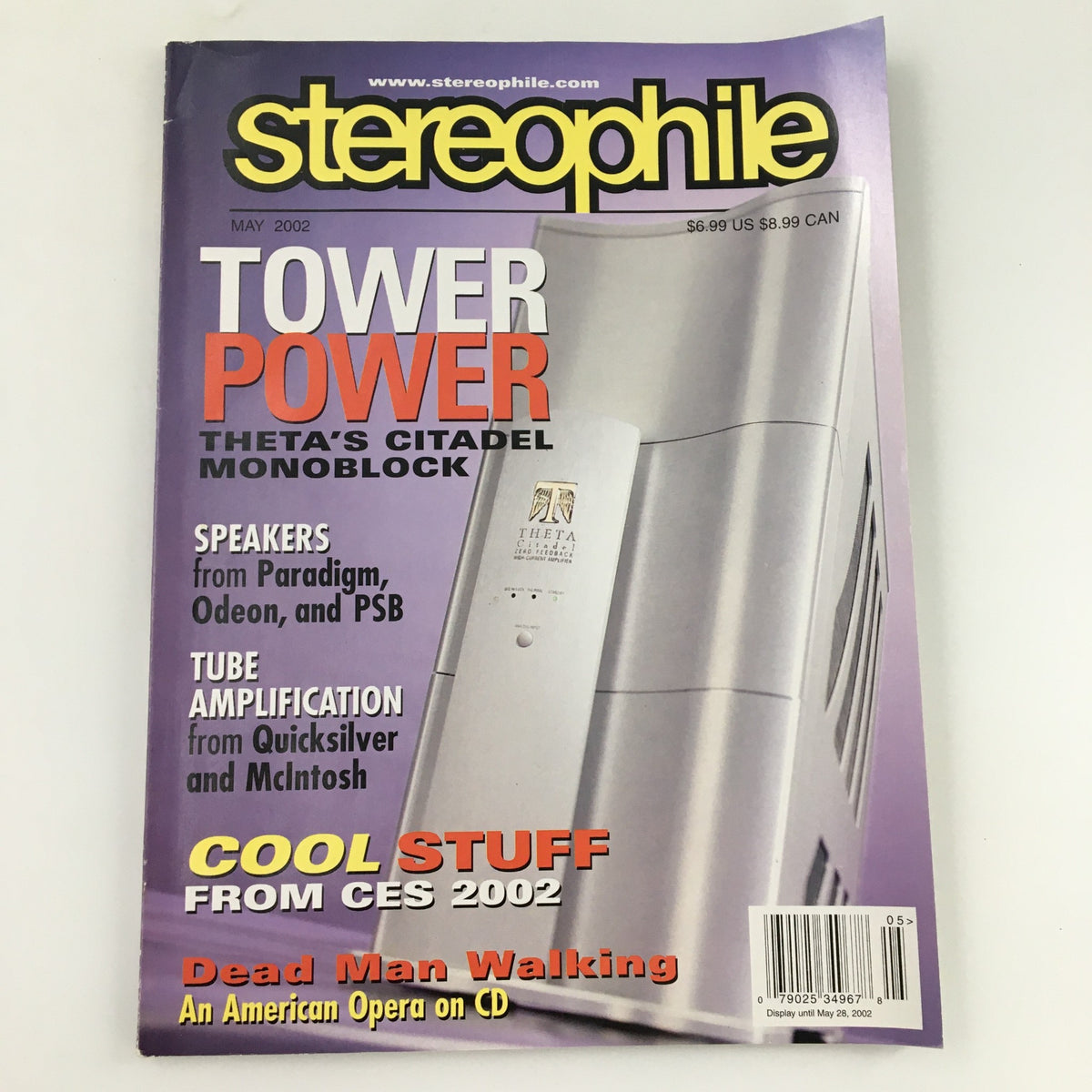 Cover of Stereophile Magazine from May 2002 titled 'Tower Power Theta's Citadel Monoblock'. Features articles on speakers, tube amplification, and innovations showcased at CES 2002.