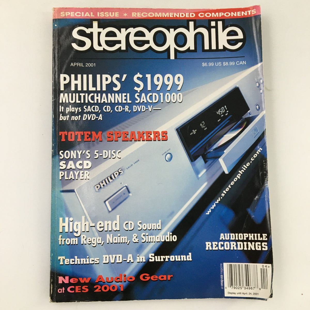Cover of Stereophile Magazine April 2001 featuring Sony's 5-Disc SACD Player, Philips' Multichannel SACD1000, high-end audio gear and recommended components.