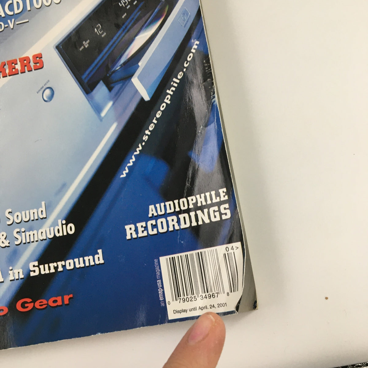 Back cover of Stereophile Magazine April 2001 displaying UPC and information regarding display until April 24, 2001, along with features of the magazine.