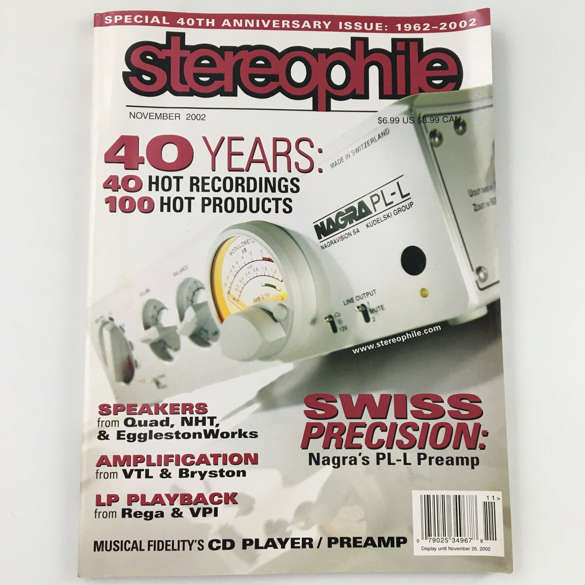 Cover of Stereophile Magazine November 2002 featuring Swiss Precision Nagra's PL-L Preamplifier review, highlighting 40 years of audio excellence.