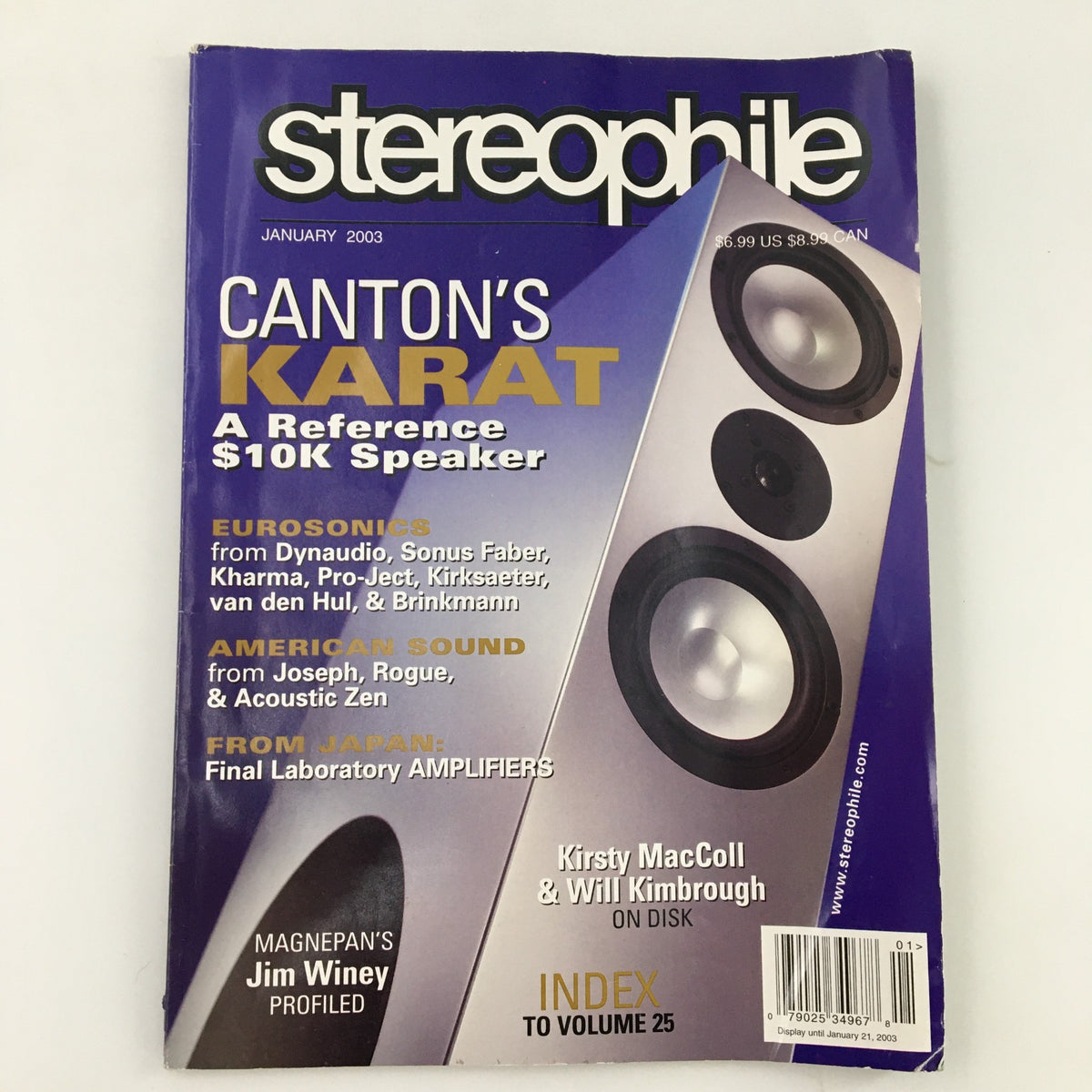 Cover of Stereophile Magazine January 2003 featuring Kirsty MacColl and Will Kimbrough, showcasing a Canton speaker and highlighting music and audio features.