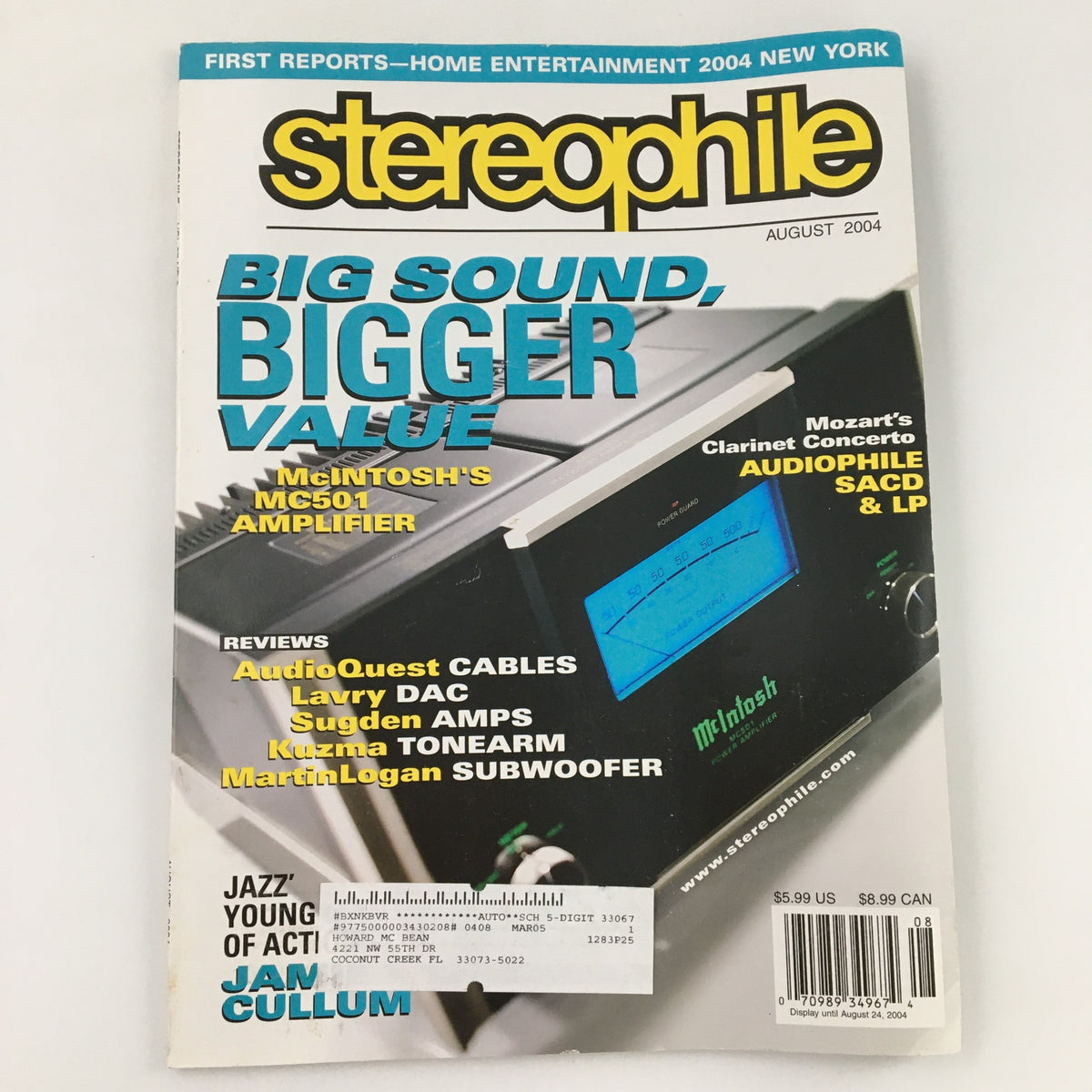 Stereophile Magazine August 2004 cover showcasing Mozart's Clarinet Concerto on Audiophile SACD & LP, featuring McIntosh amplifier and audio equipment details.