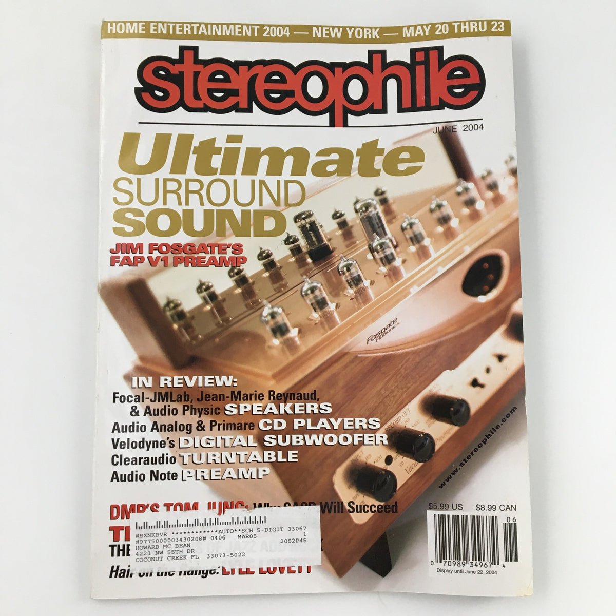 Cover of Stereophile Magazine, June 2004 issue featuring the title 'Ultimate Surround Sound' and an article on Jim Fosgate's FAP V1 Preamp, showcasing a high-fidelity audio setup.