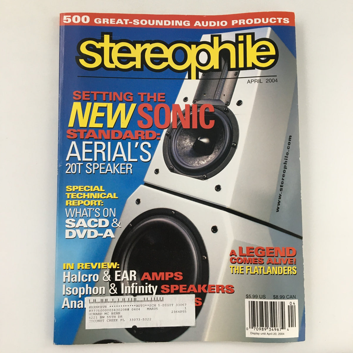 Cover image of Stereophile Magazine April 2004, featuring the title 'A Legend Comes Alive' with a focus on The Flatlanders, showcasing audio products and music culture discussions.