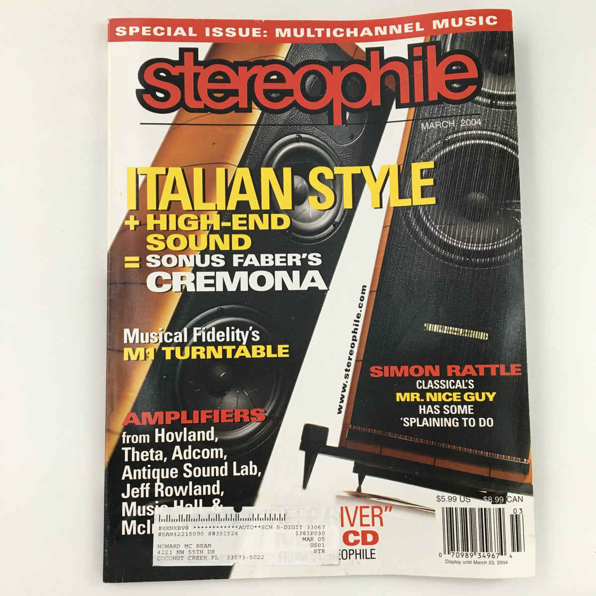 Stereophile Magazine March 2004 featuring Simon Rattle, dubbed 'Classical's Mr. Nice Guy', showcasing a design focused on high-end audio equipment and classical music discussions.