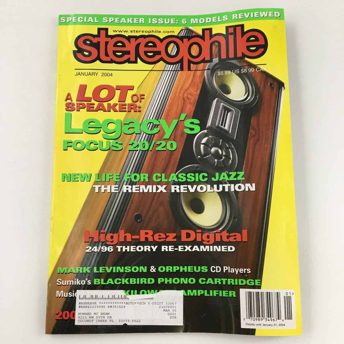 Cover of Stereophile Magazine January 2004 featuring a detailed article on Sumiko's Blackbird Phono Cartridge, along with discussions on high-end audio equipment and speaker reviews.