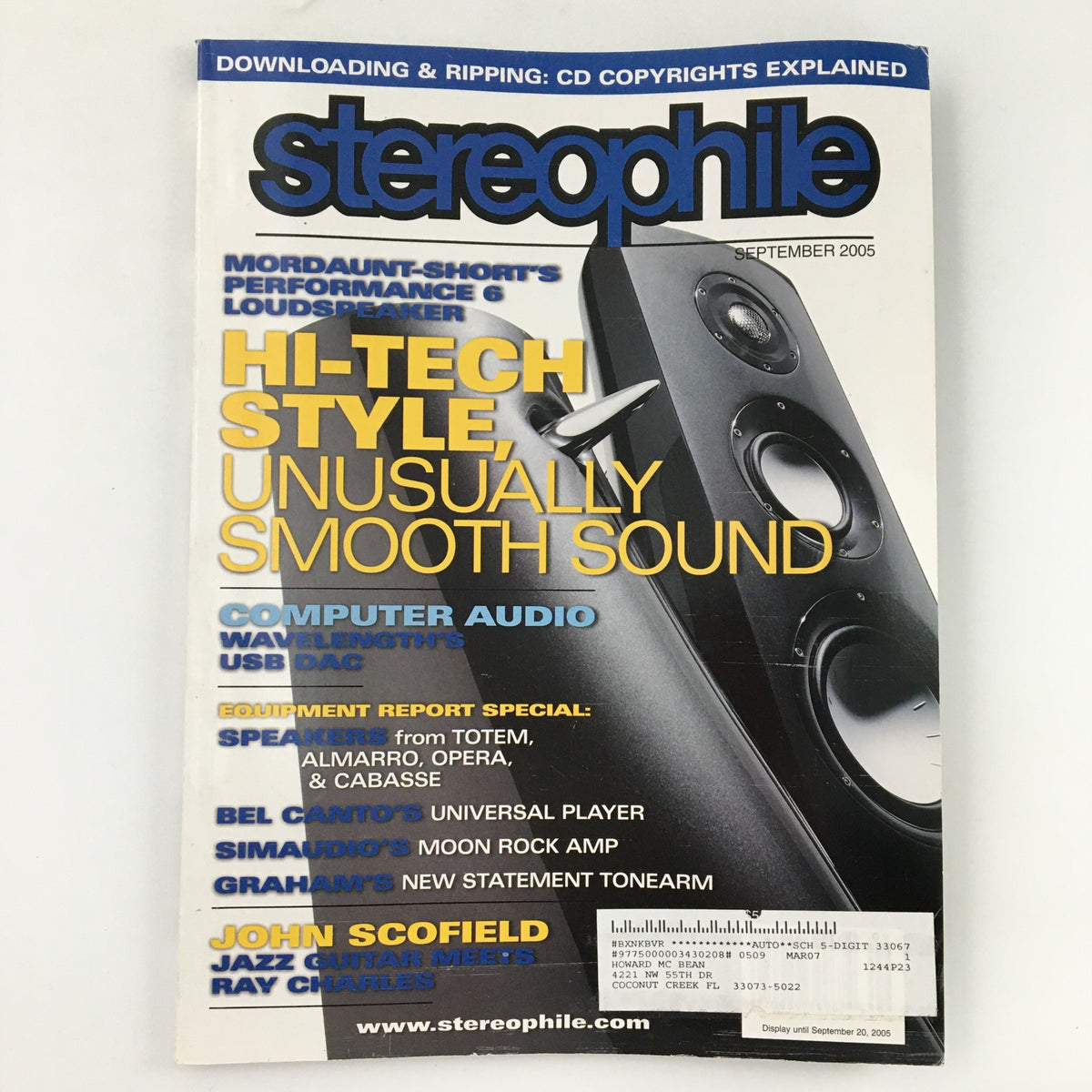 Stereophile Magazine September 2005 featuring John Scofield and Ray Charles, showcasing jazz guitar artistry and soulful music insights.