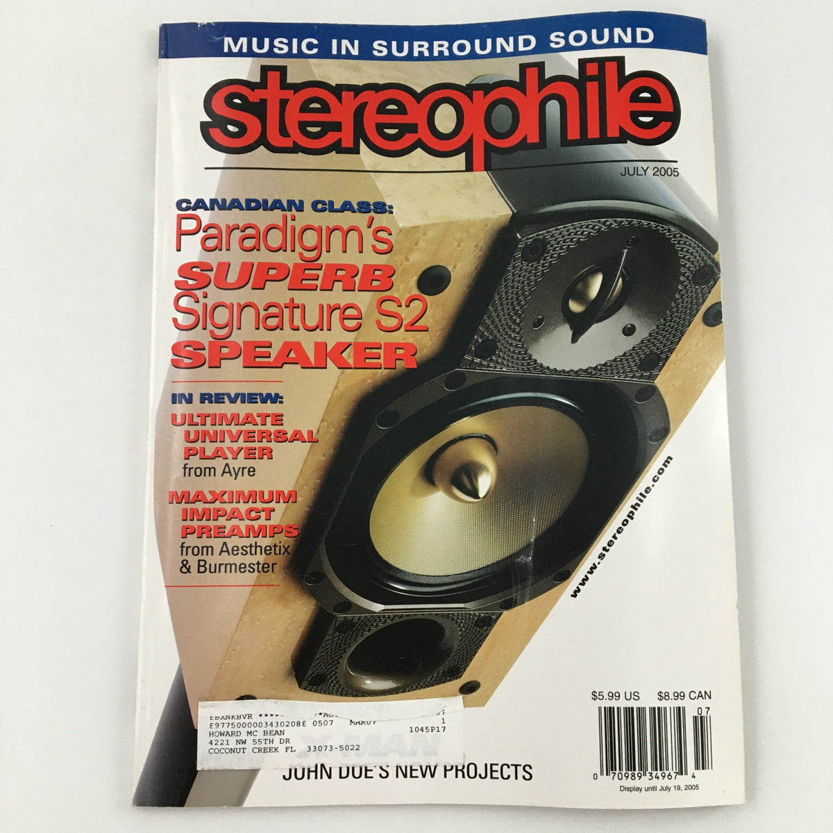 Cover of Stereophile Magazine July 2005 featuring Paradigm's Superb Signature S2 Speaker, alongside articles on music and audio equipment.