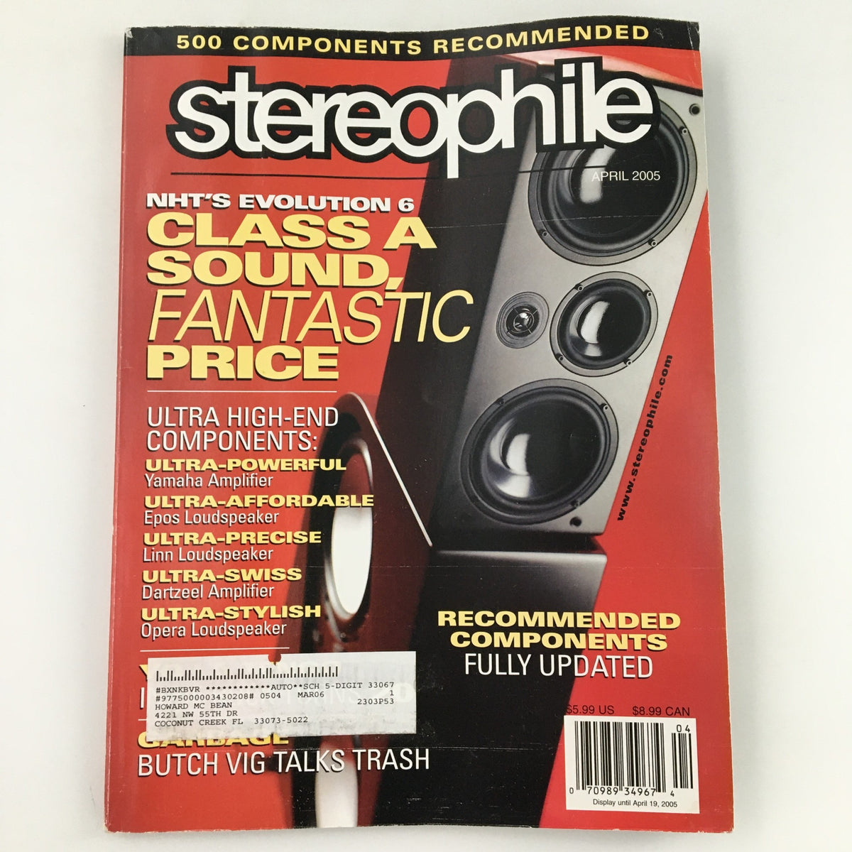 Cover of Stereophile Magazine April 2005 featuring an article titled 'Butch Vig Talks Trash'. The magazine highlights audio components and music culture, showcasing its relevance to music enthusiasts and collectors.