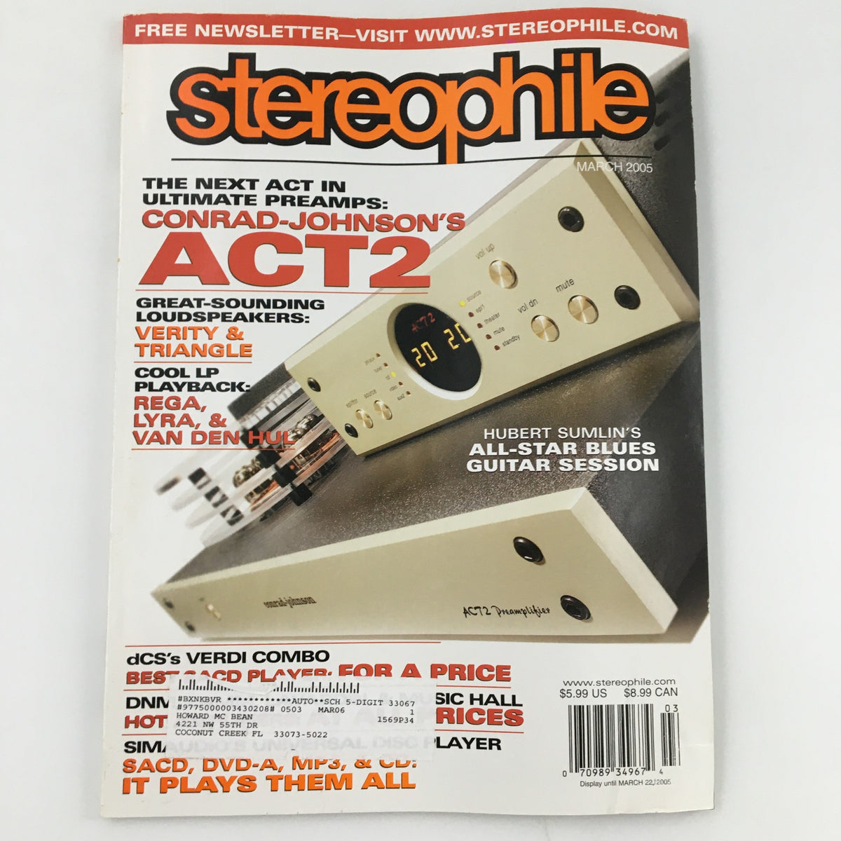 Cover of Stereophile Magazine March 2005 featuring Hubert Sumlin's All-Star Blues Guitar Session and details about audio gear and music reviews.