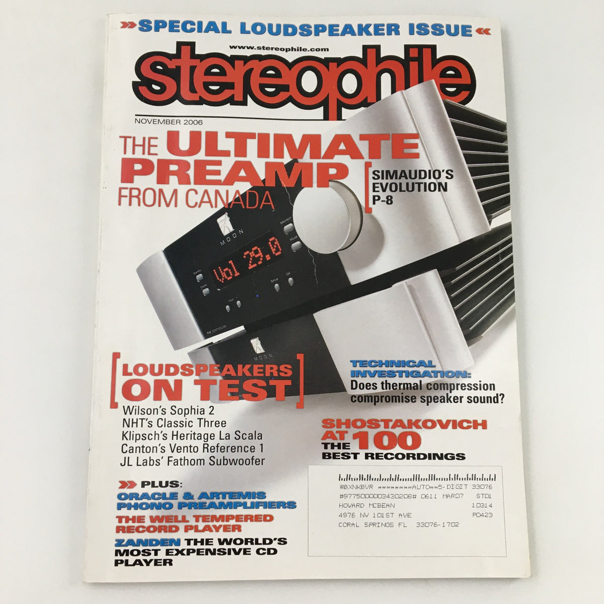 Cover of Stereophile Magazine November 2006 edition featuring the title 'The Ultimate Preamp from Canada' and a special feature on Dmitri Shostakovich at 100 Best Recordings.