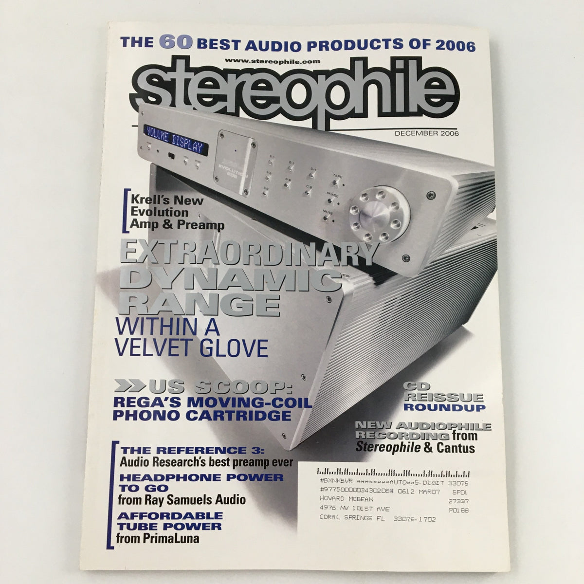 Cover of Stereophile Magazine December 2006 featuring the headline 'Headphone Power To Go' from Ray Samuels Audio, highlighting the 60 best audio products of 2006.
