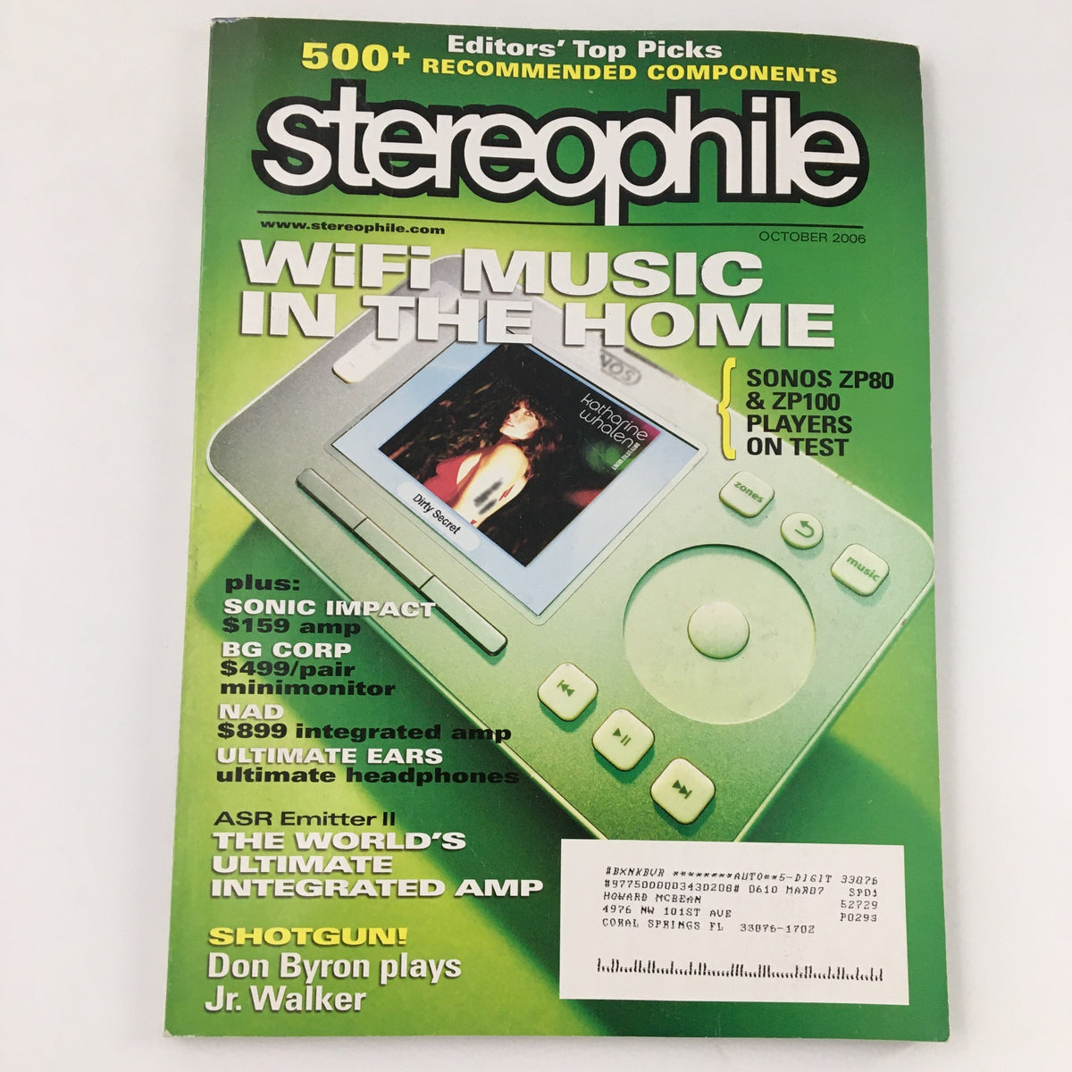 Cover of Stereophile Magazine October 2006 featuring Don Byron plays Jr. Walker, highlighting WiFi music technology and recommended audio components.