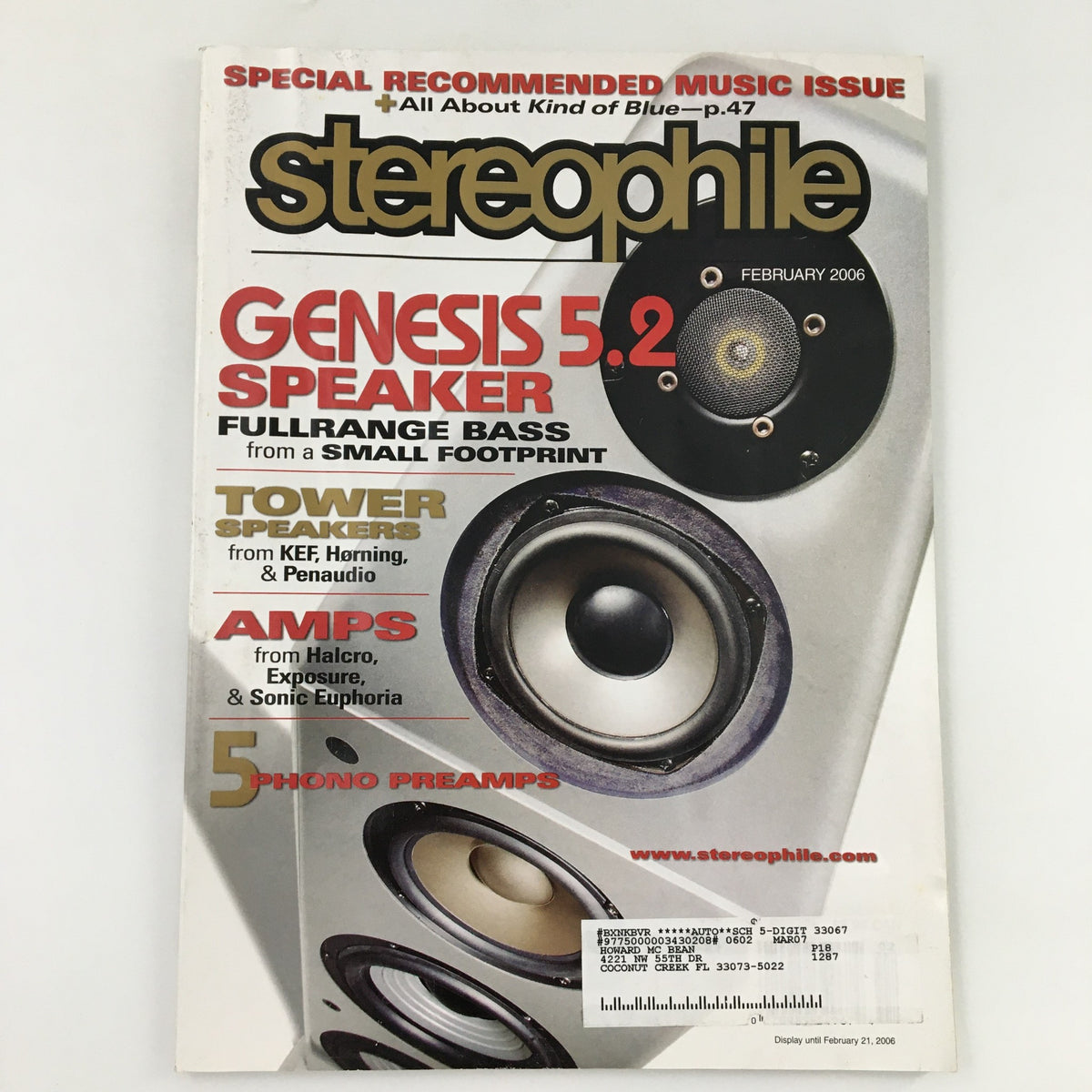 Stereophile Magazine February 2006 featuring Genesis 5.2 Speaker on the cover showcasing full-range bass capabilities.