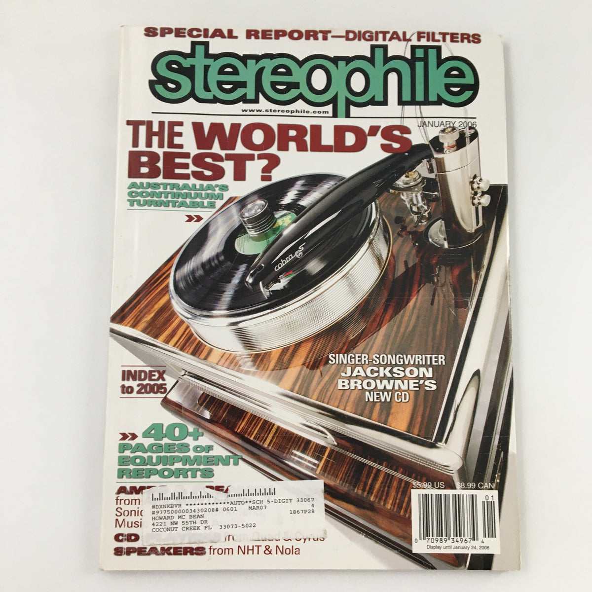 Cover of Stereophile Magazine January 2006 featuring singer-songwriter Jackson Browne's new CD, showcasing a turntable on a wooden surface with text highlighting 'The World's Best?' and '40+ Pages of Equipment Reports'.