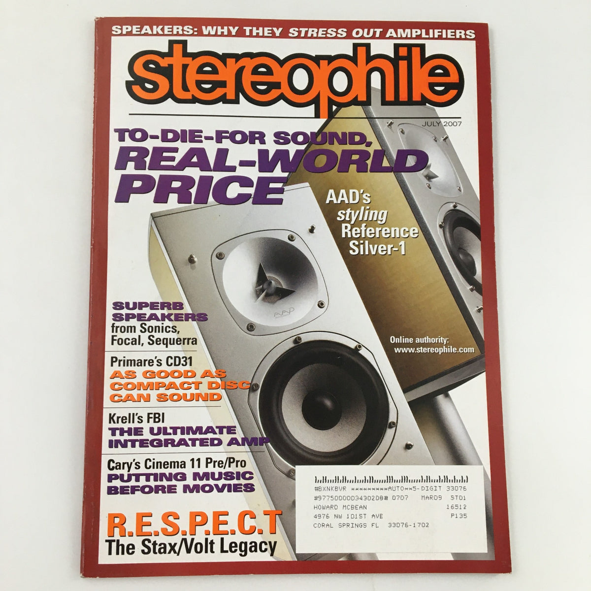 Cover of Stereophile Magazine July 2007 featuring AAD's Styling Reference Silver-1 article, showcasing audio equipment and speakers, highlighting advancements in sound quality for audiophiles.