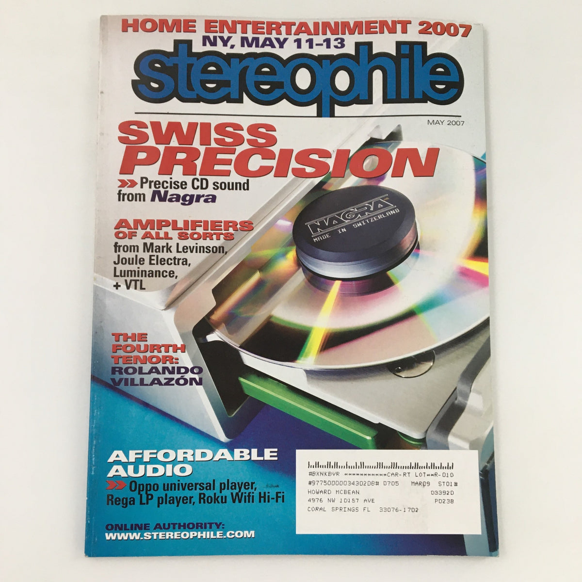 Stereophile Magazine May 2007 cover featuring Rolando Villazón in a feature titled 'The Fourth Tenor.' The cover highlights audio topics including Swiss precision sound from Nagra and amplifiers from various brands.