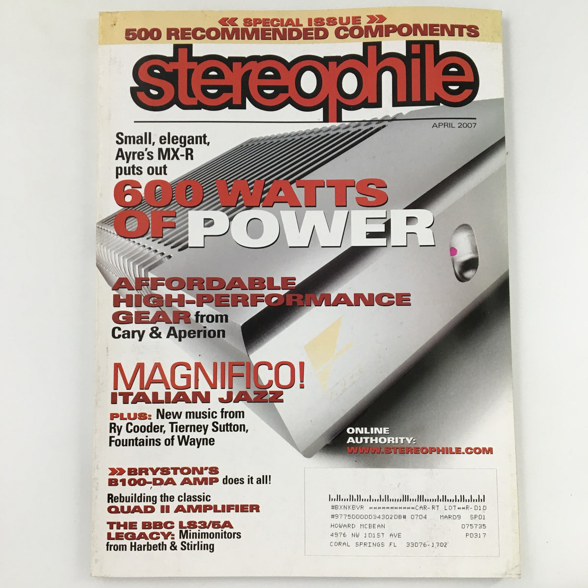 Stereophile Magazine April 2007 cover featuring Ry Cooder and Tierney Sutton, highlighting 600 watts of power and high-performance audio components.