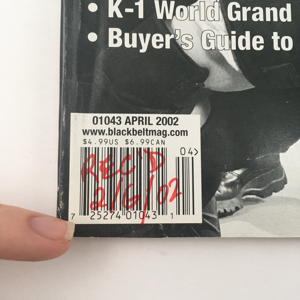 Back cover details of Black Belt Magazine April 2002 with price and publication information, highlighting special features inside the magazine.