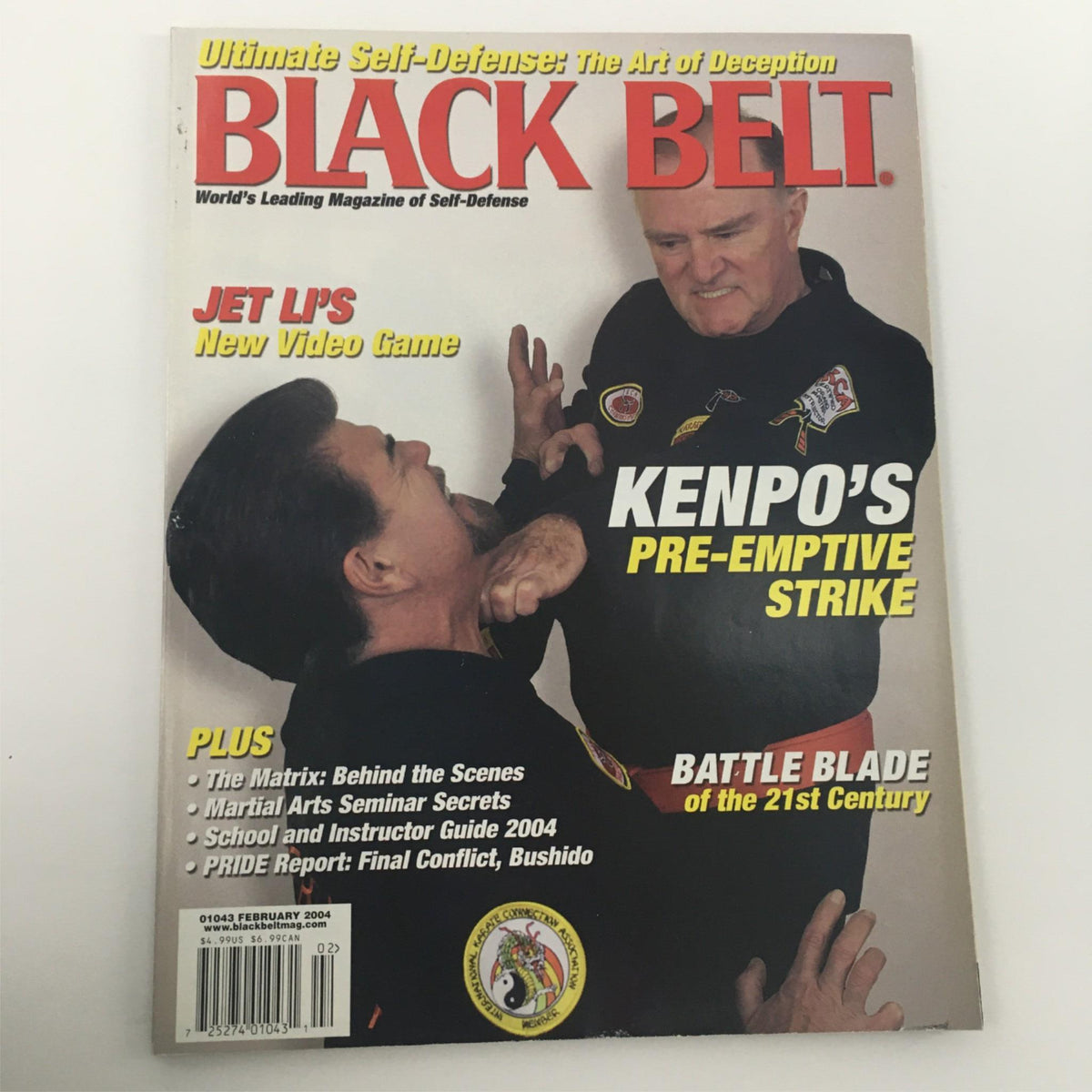 Front page of Black Belt Magazine February 2004, focused on Jet Li's new video game, depicting a dramatic martial arts encounter, with topics on Kenpo techniques and self-defense.