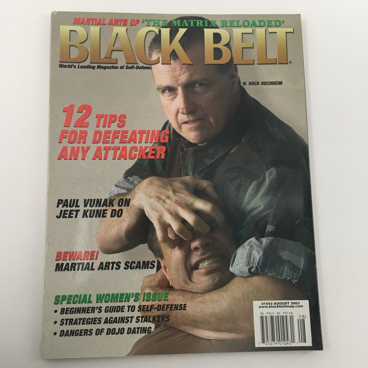 Black Belt Magazine August 2003 cover with Paul Vunak discussing Jeet Kune Do, emphasizing self-defense strategies and highlighting a special women's issue.