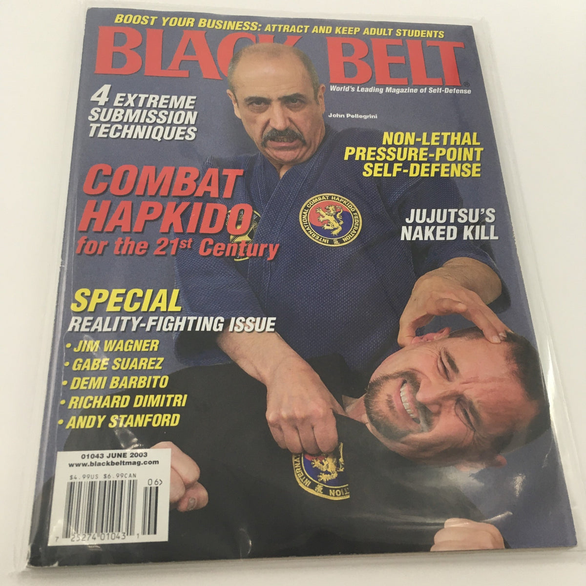 Cover of Black Belt Magazine June 2003 featuring Jim Wagner and Demi Barbito, highlighting extreme submission techniques and Combat Hapkido for the 21st century.