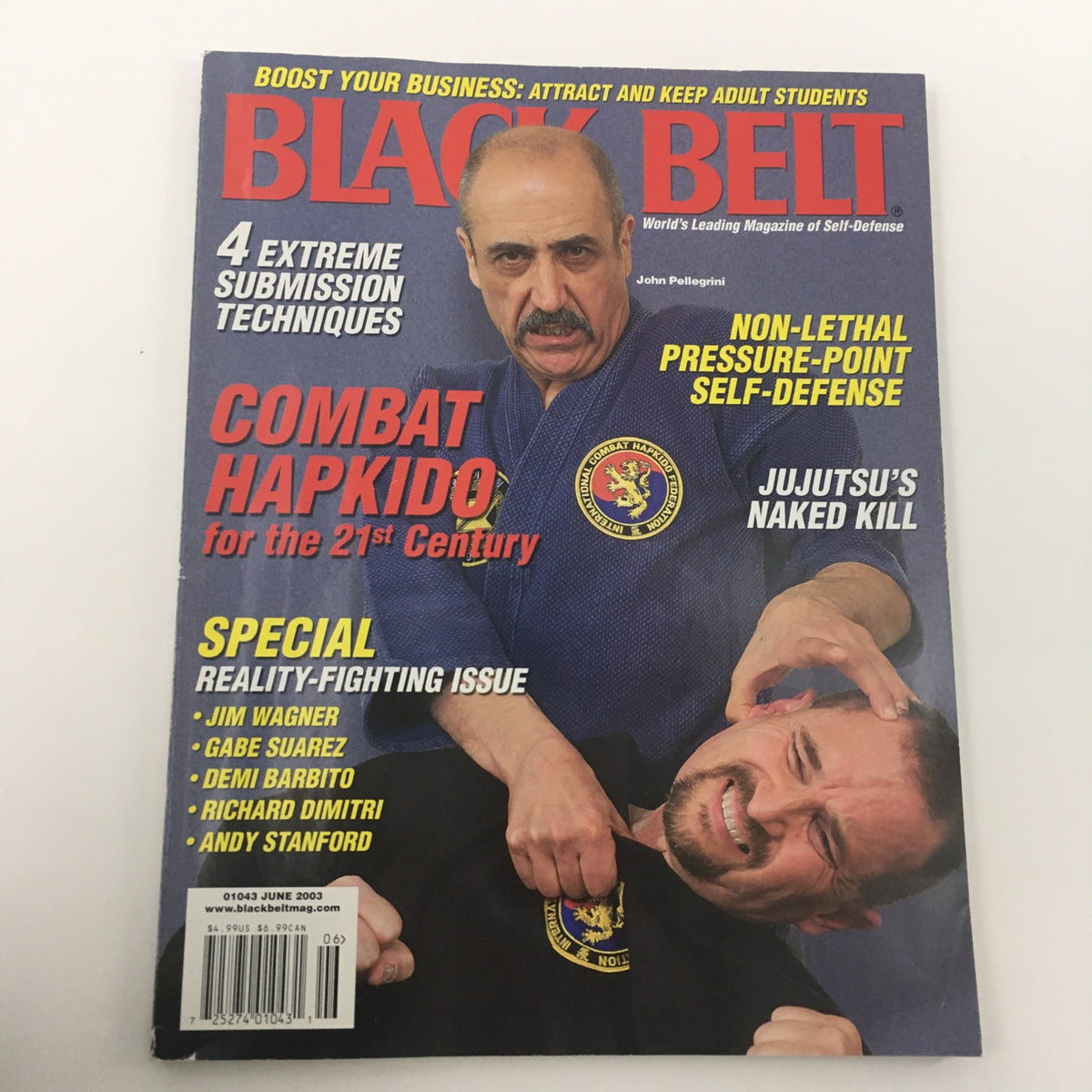 Black Belt Magazine June 2003 cover showcasing a combat scene with Jim Wagner, focusing on realistic fighting issues, including special features on personal defense techniques.