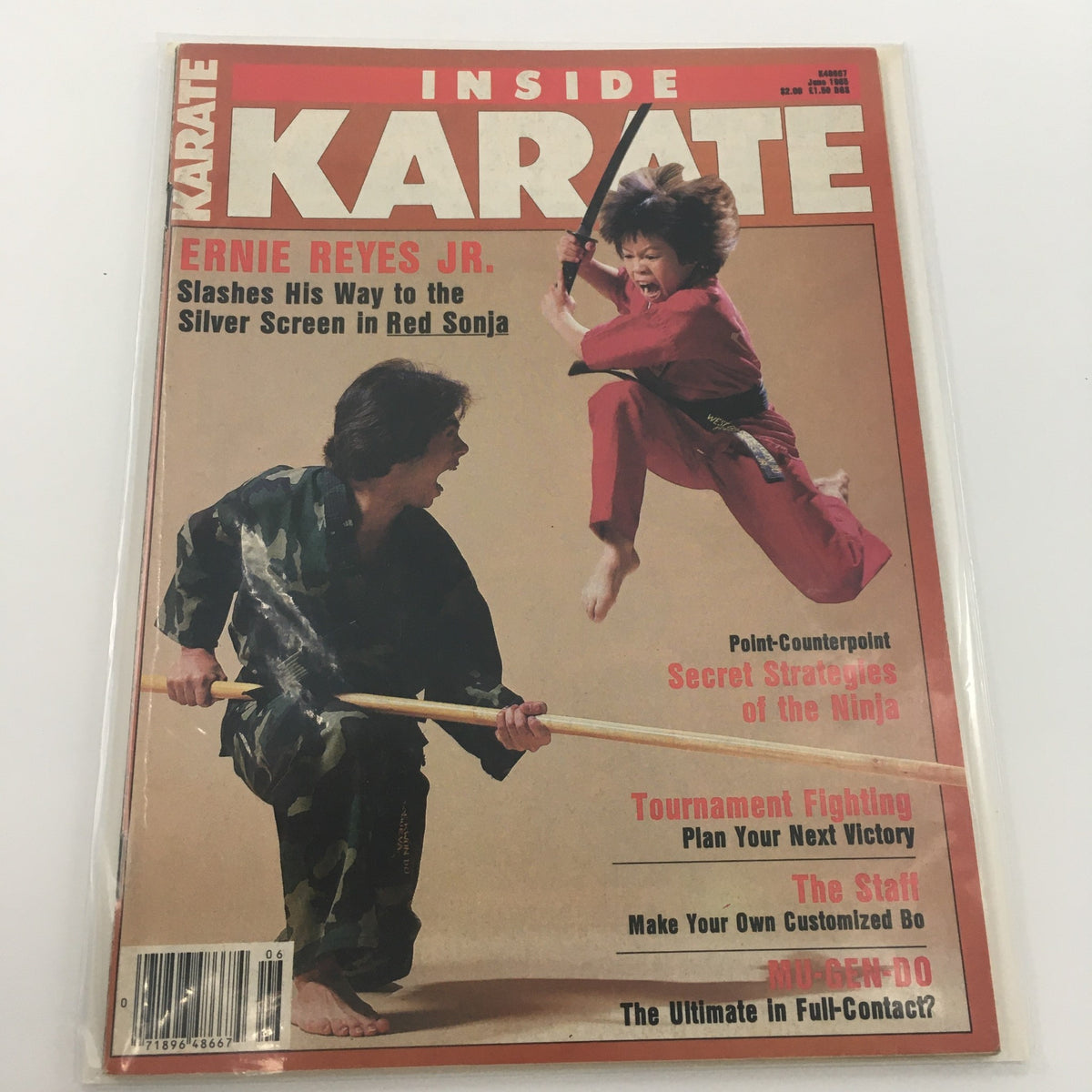 Inside Karate Magazine June 1985 featuring Ernie Reyes Jr. on the cover, showcasing martial arts themes and vibrant graphics.