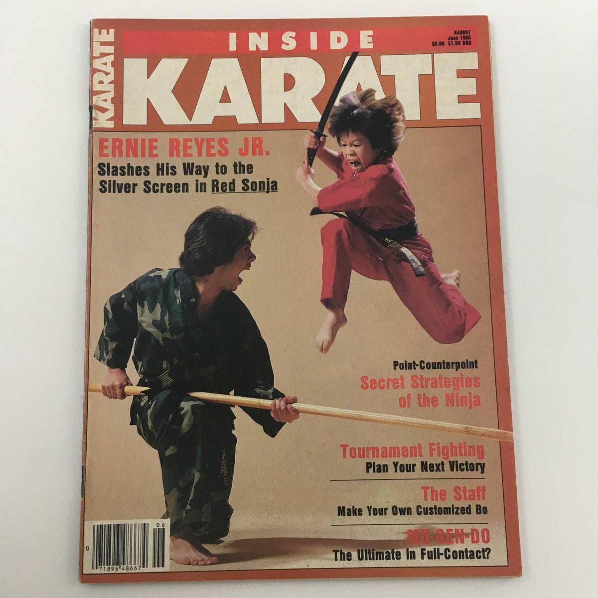 Inside Karate Magazine June 1985 highlighting Ernie Reyes Jr., with action shots and a focus on karate techniques and training.