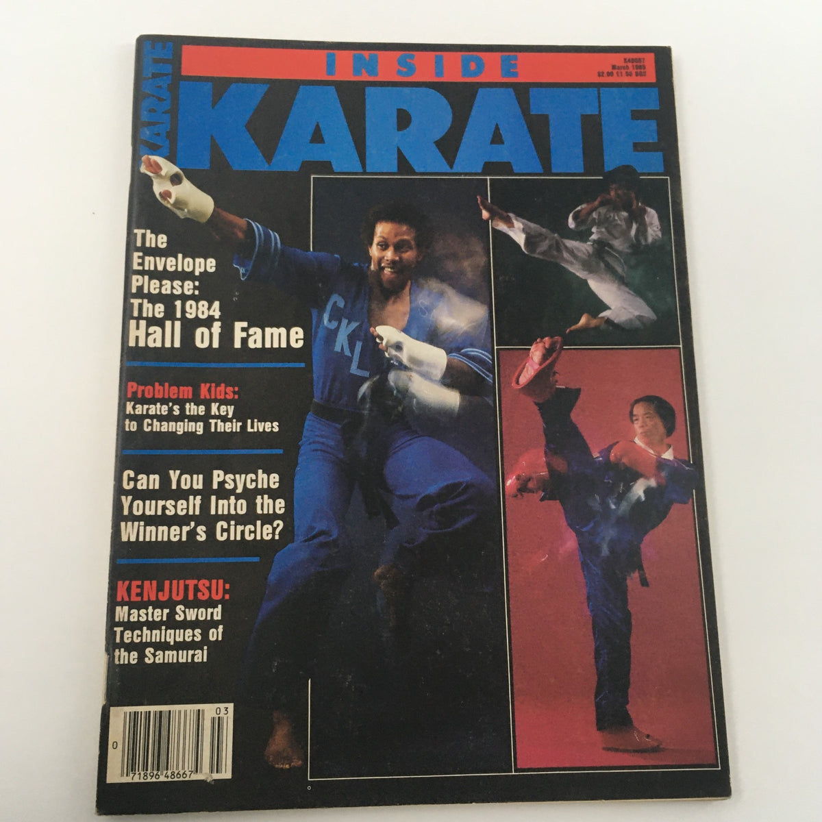 Front cover of VTG Inside Karate Magazine March 1985 showcasing Steve Anderson demonstrating a karate move, with features on Kenjutsu and a focus on the 1984 Hall of Fame.