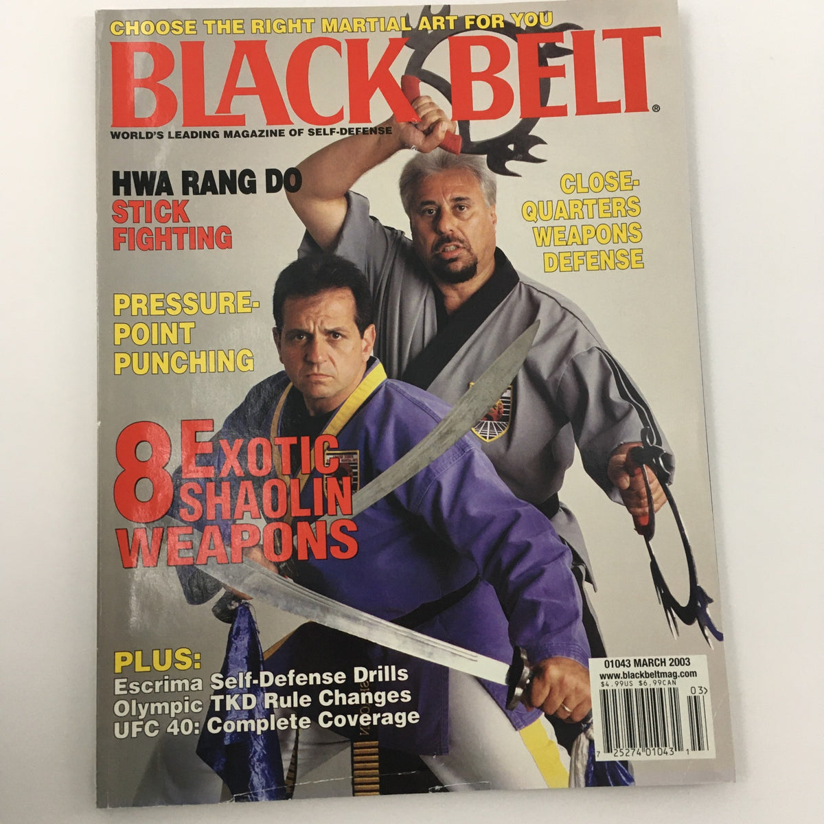 Cover of Black Belt Magazine March 2003 highlighting Hwa Rang Do Stick Fighting, with a focus on close-quarters weapons defense and self-defense drills.