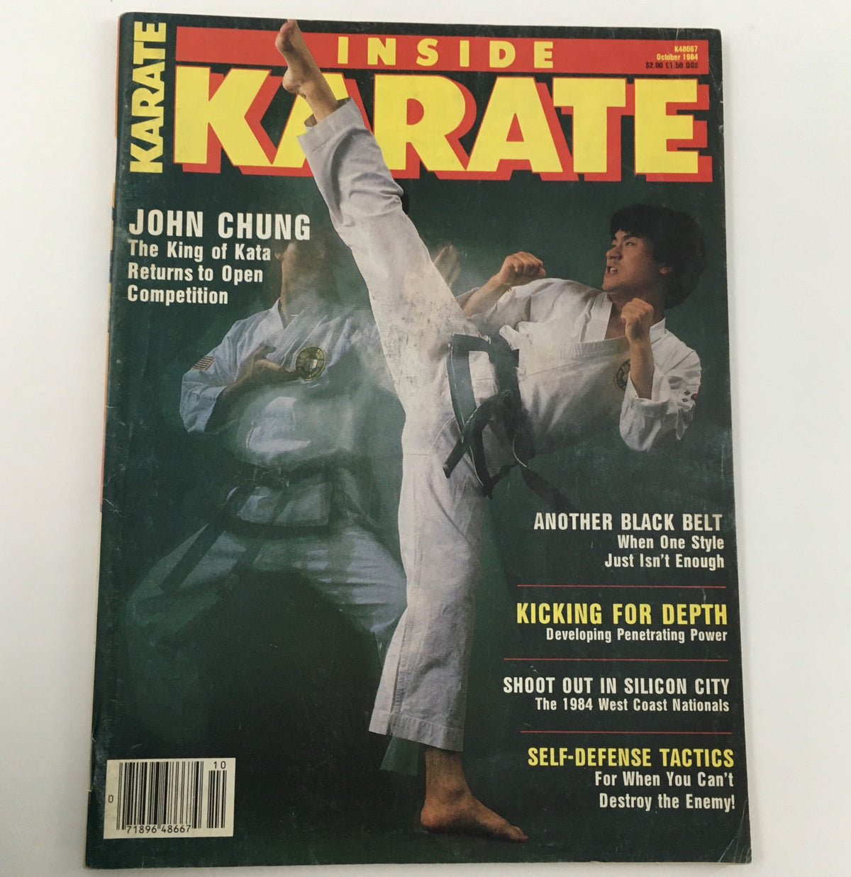 Front cover of the October 1984 Inside Karate Magazine showing John Chung, The King of Kata, executing a kick with martial arts themes, including articles about self-defense, competition, and karate techniques.