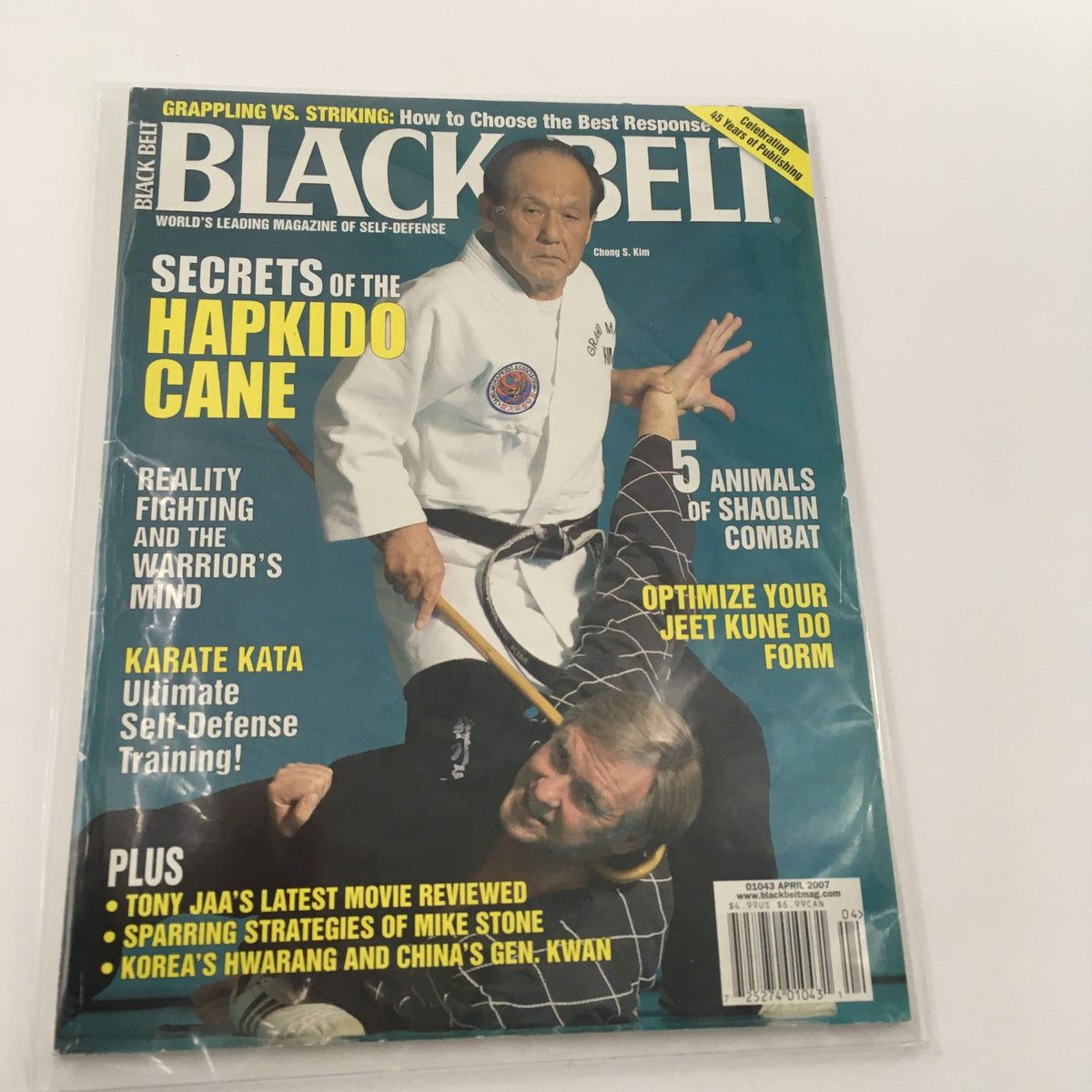 Vintage Black Belt Magazine April 2007 featuring sparring strategies of Mike Stone, with a cover image showcasing a martial arts demonstration and articles about Hapkido and self-defense techniques.