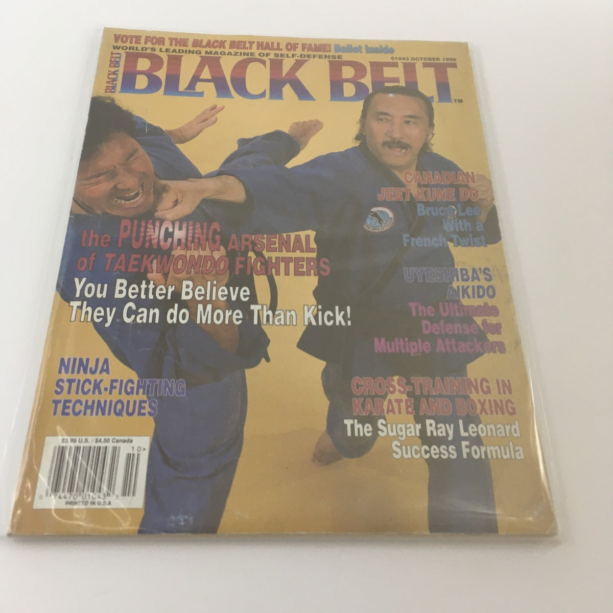 Cover of Black Belt Magazine from October 1996 featuring the Sugar Ray Leonard Success Formula. The magazine showcases martial arts techniques, including Taekwondo and Karate, with articles on cross-training and self-defense. The cover highlights various martial arts themes, capturing the essence of martial arts culture in the mid-90s.