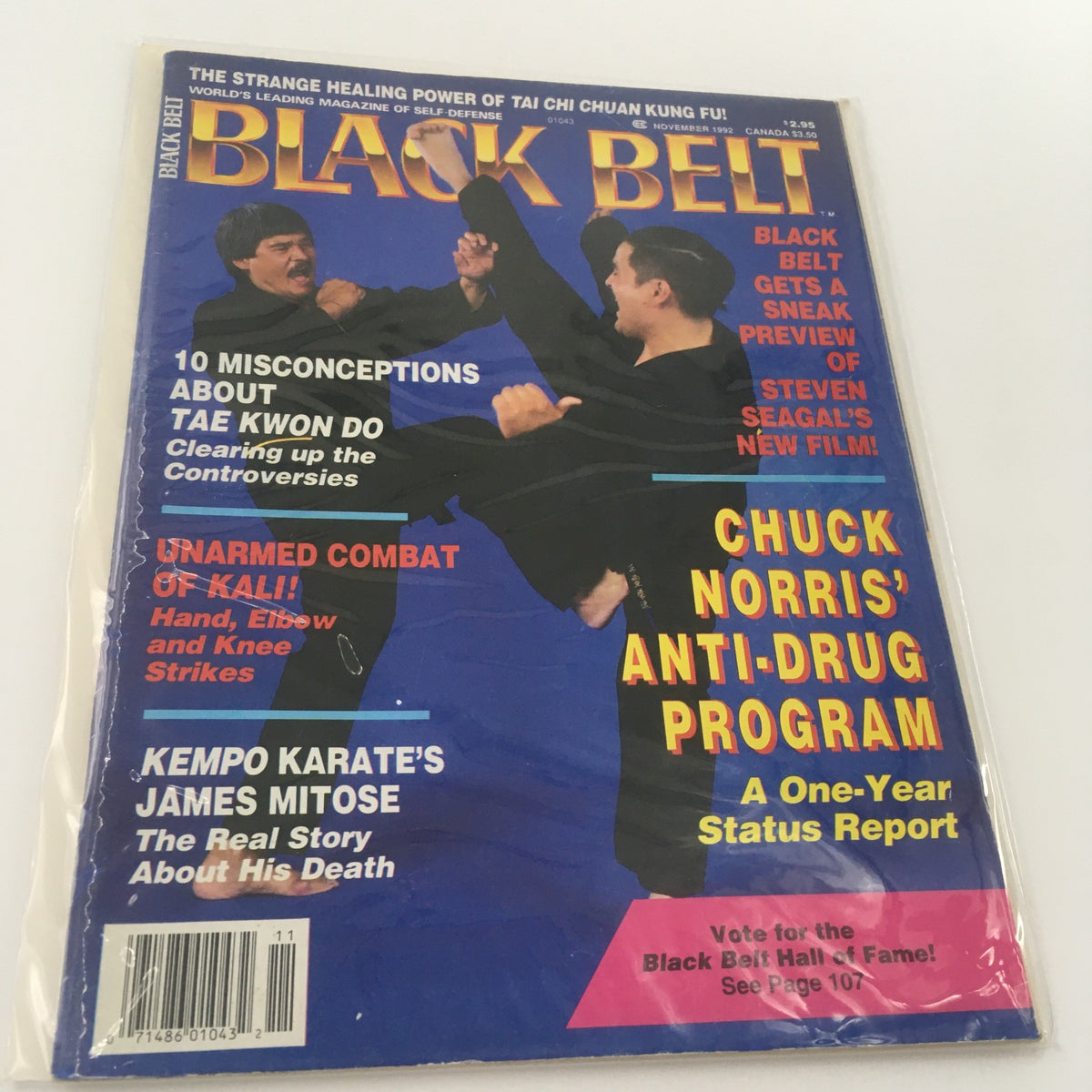 Cover of Black Belt Magazine, November 1992, featuring Kempo Karate's James Mitose. Highlights include articles on Tae Kwon Do, unarmed combat, and Chuck Norris' anti-drug program.