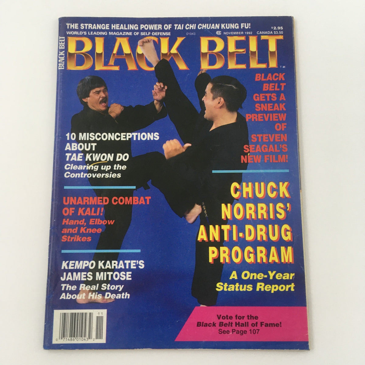 Cover image of Black Belt Magazine from November 1992, showcasing Kempo Karate's James Mitose and articles about martial arts techniques and controversies.