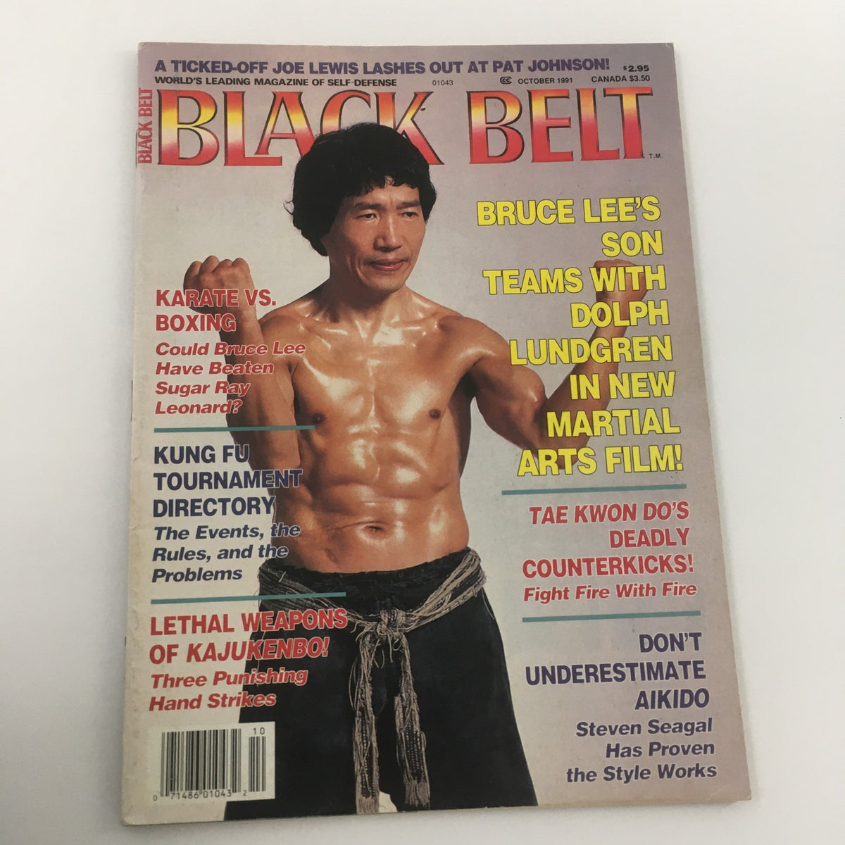 Front cover of Black Belt Magazine October 1991 showcasing Brandon Lee and Dolph Lundgren, with articles on karate, boxing, and martial arts techniques.