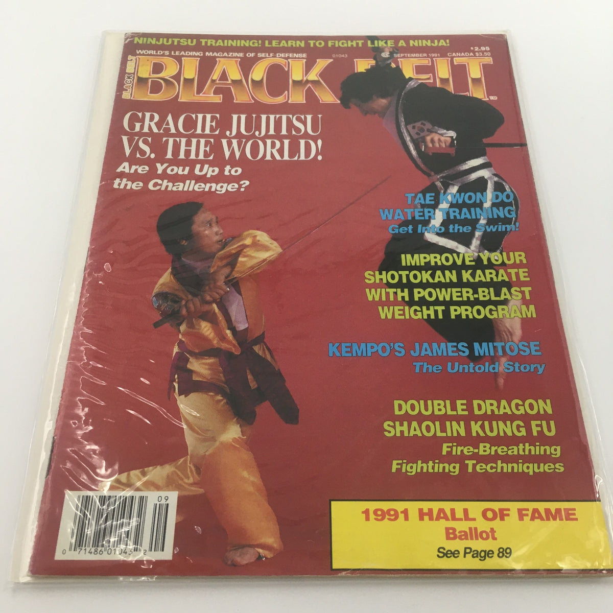 Black Belt Magazine September 1991 featuring 'Gracie Jujitsu vs The World' on the cover, showcasing martial arts with vibrant graphics and titles. This newsstand edition highlights techniques, training tips, and martial arts culture.