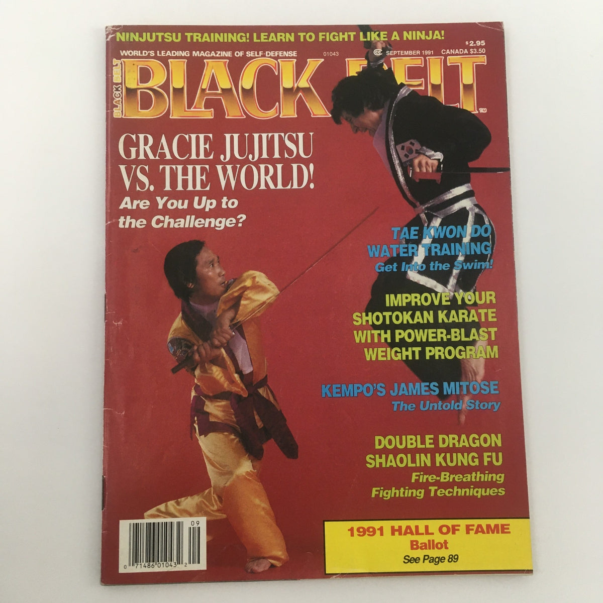 Cover of Black Belt Magazine September 1991 featuring 'Gracie Jujitsu vs The World!'. The magazine highlights martial arts techniques and cultural impact, showcasing martial artists in action. Includes additional features on martial arts training and history.