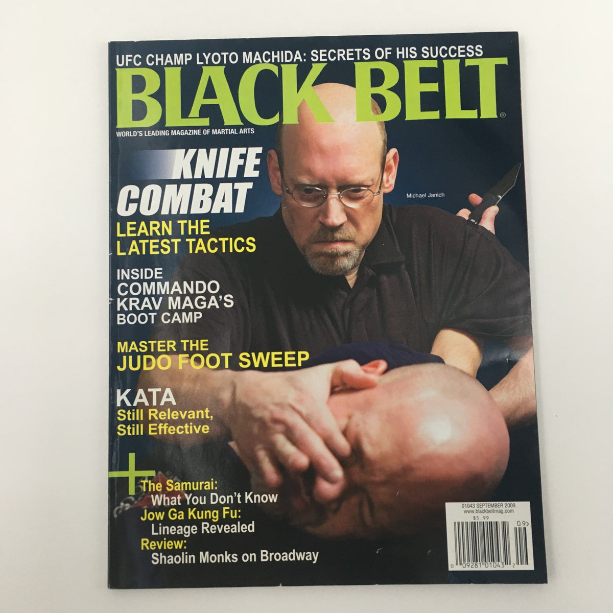 Black Belt Magazine September 2009 cover featuring Michael Janich highlighting knife combat, with the slogan 'Learn the Latest Tactics' prominently displayed.