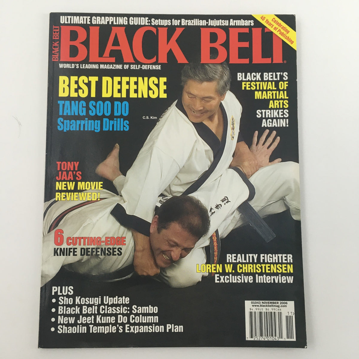 Black Belt Magazine November 2006 issue cover showing C.S. Jim and Tony Jaa, showcasing best defense strategies, martial arts festival features, and a review of Tony Jaa's new movie. Well-preserved newsstand edition.