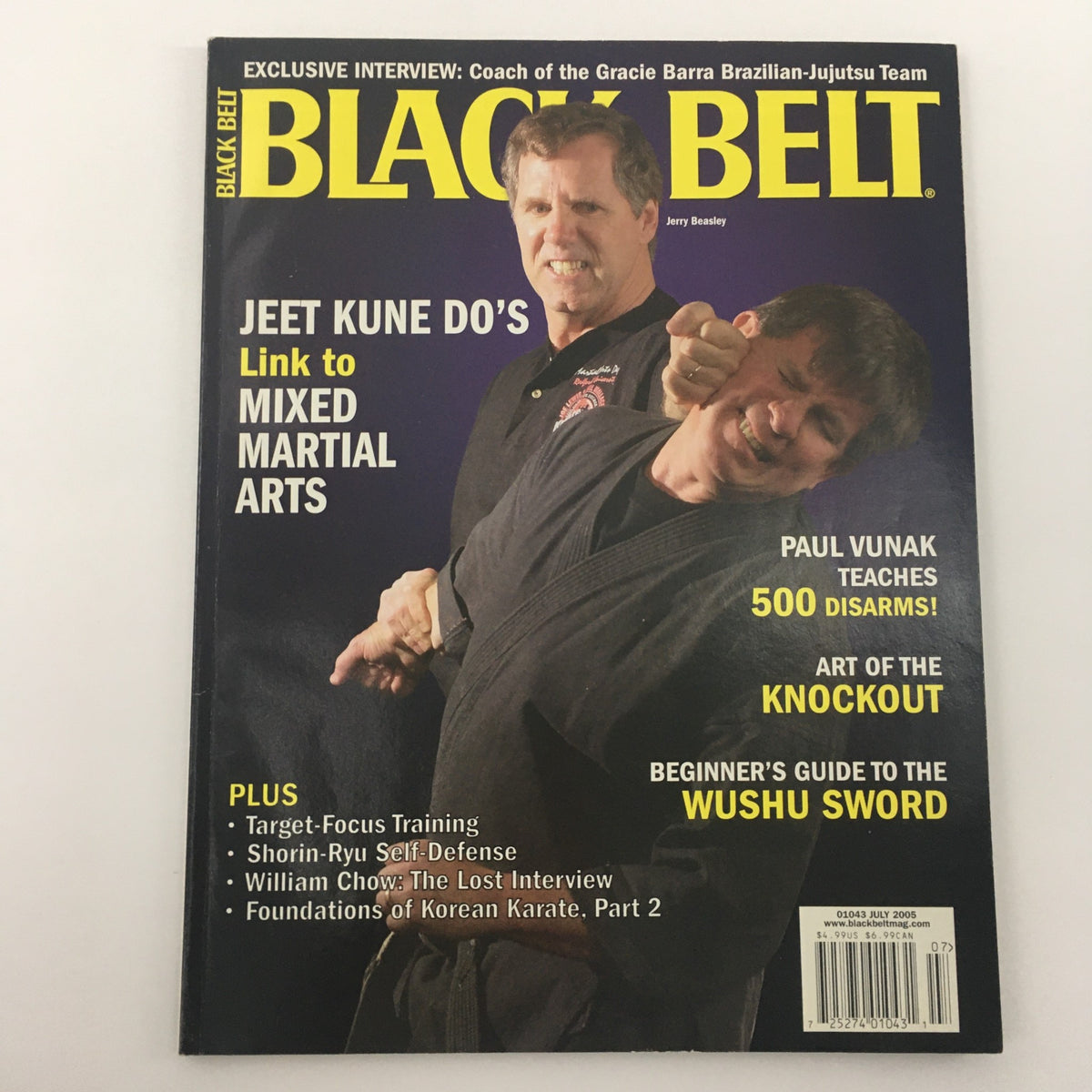 Cover of Black Belt Magazine, July 2005 featuring Jerry Beasley and Paul Vunak. Highlights include Jeet Kune Do, martial arts techniques, and training insights.