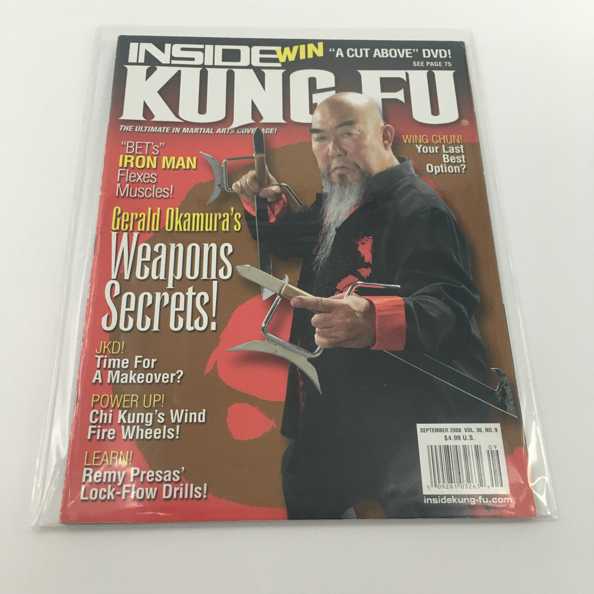 Cover of Inside Kung-Fu Magazine September 2008 featuring Gerald Okamura showcasing Weapons Secrets. The magazine highlights martial arts culture with rich visuals and engaging content.