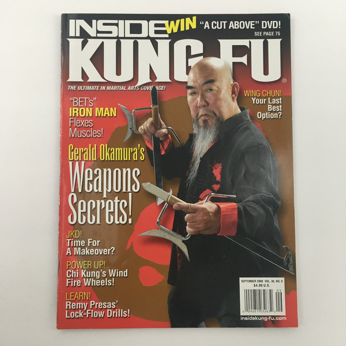 Alternative view of Inside Kung-Fu Magazine September 2008 featuring Gerald Okamura on the cover, emphasizing Weapons Secrets and martial arts techniques. A must-have for collectors and enthusiasts.