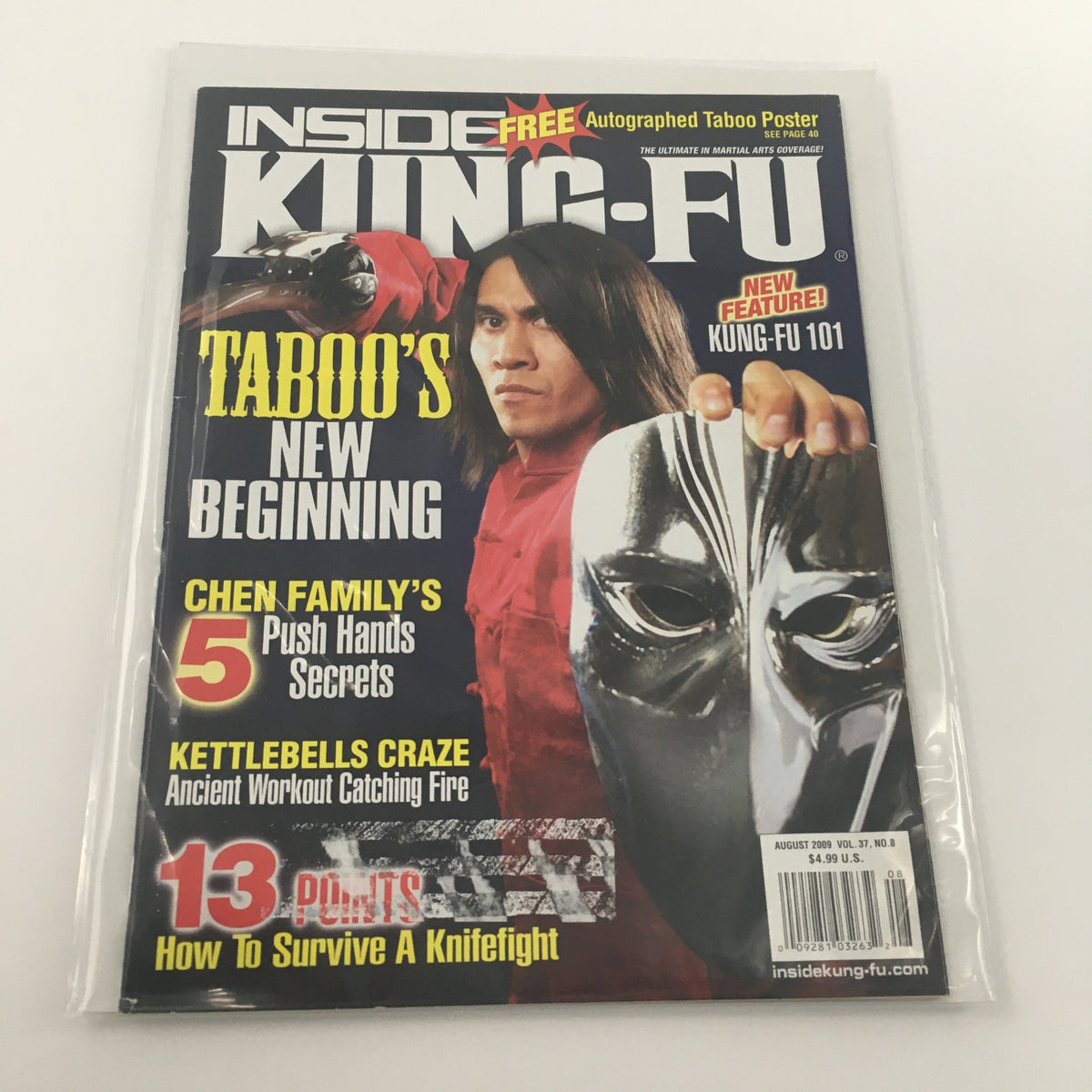 Front cover of Inside Kung-Fu Magazine August 2009 featuring the title 'Taboo's New Beginning', highlighting the Chen Family's 5 Push Hands Secrets and kettlebell exercises, in excellent collectible condition.